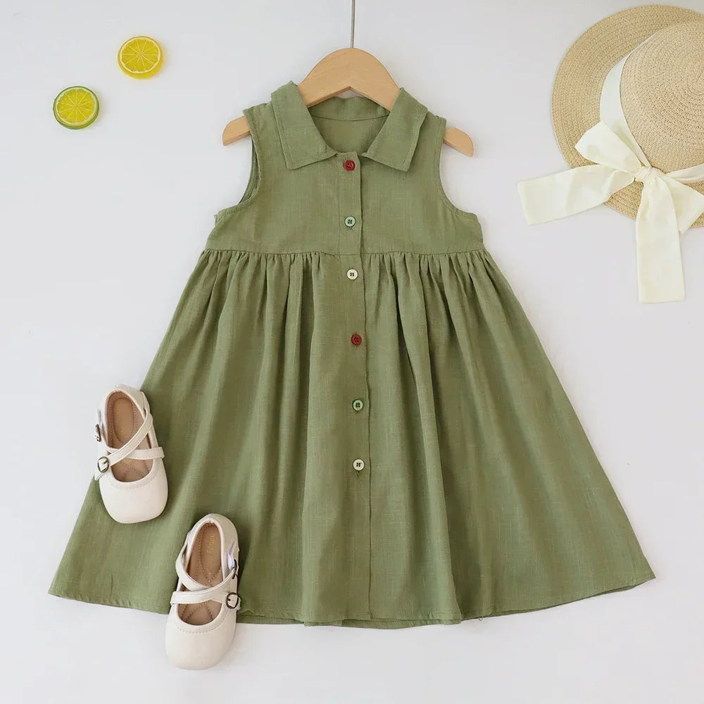 Summer New Solid Baby Girl Dress Cotton Button Kids Dresses Summer Princess Party Dress Toddler Girls Sundress Kids Clothes