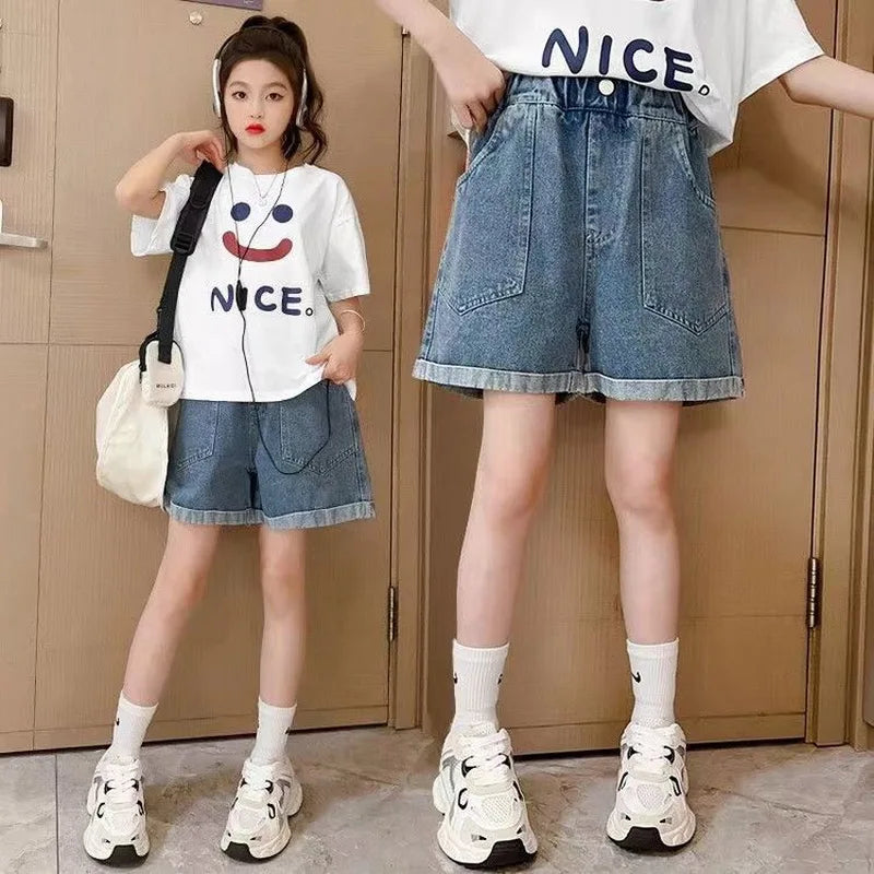 2025 Summer Teen Girls Denim Shorts Clothes New Arrival Kids Child Elastic Waist Fashion Pocket Design Shorts Age 5-14 Years Old