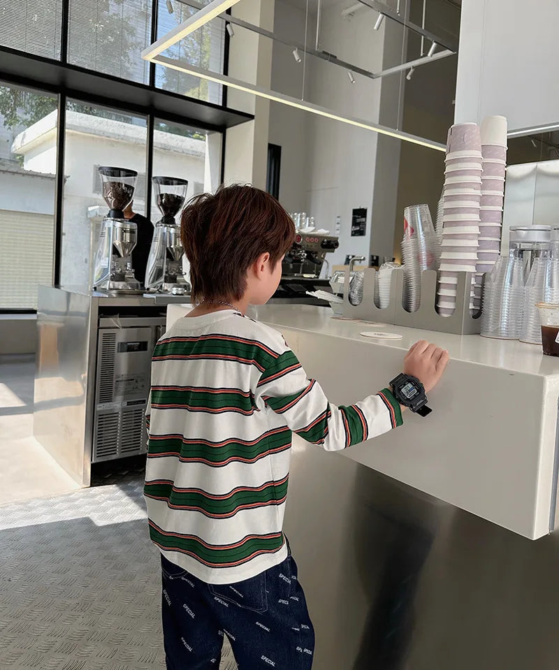 2025 autumn Children Clothes Girls Long Sleeves Bottoming Shirts Cool Boys Stripe Cotton T-shirt Teen Loose Casual 2-7y Kids Top