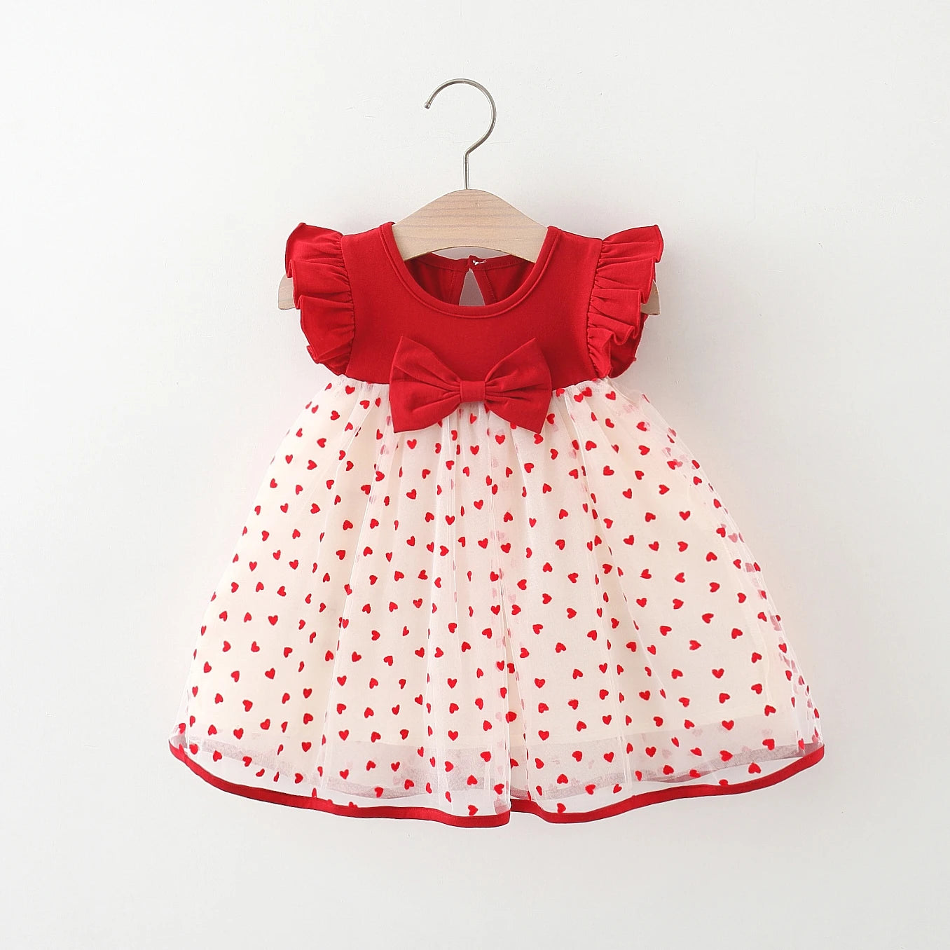 Baby Girl Red Dress Heart Embroidered Mesh Bow Tutu Dress Kids Birthday Party Clothes