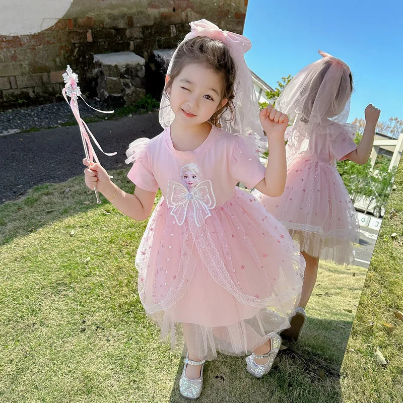 Disney Girls Dress Short/Long  Sleeve Summer Princess Dresses Frozen Elsa Party Baby Dresses for Children Clothing Kids Clothes