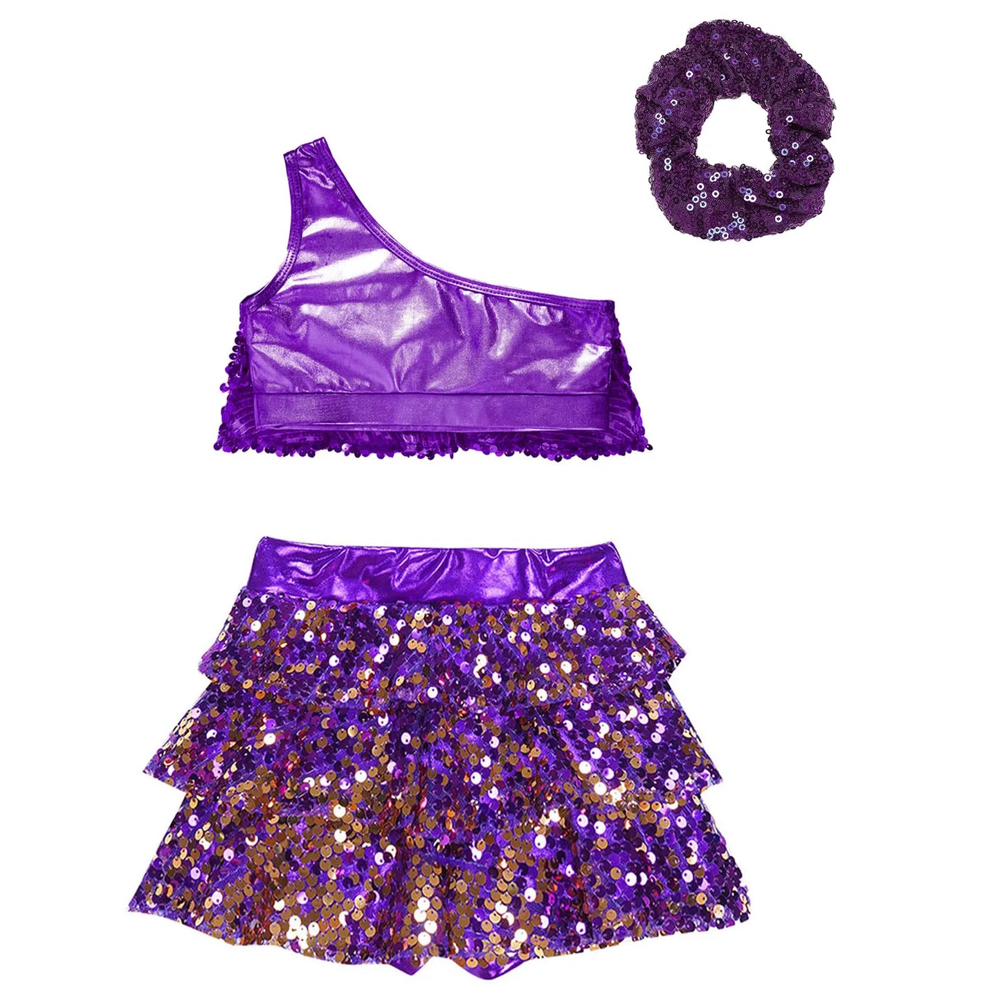 Kids Girls Shiny Sequined Modern Latin Jazz Dance Costume Outfits Single Shoulder Crop Top+Tiered Ruffle Skirted Shorts+Headwear