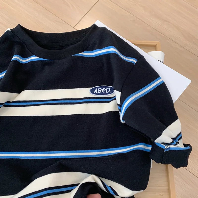 2025 autumn Children Clothes Girls Long Sleeves Bottoming Shirts Cool Boys Stripe Cotton T-shirt Teen Loose Casual 2-7y Kids Top