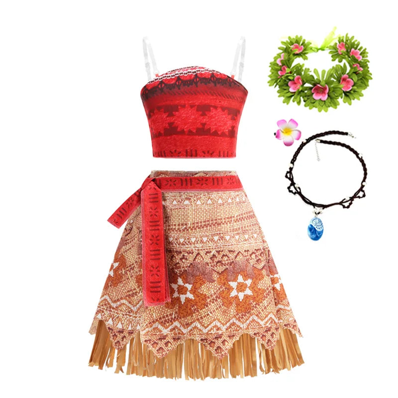 Girls Moana Princess Dress for Kids Carnival Cosplay Vaiana Costume Children Birthday Party Headwear Necklace Flower Clothes Set