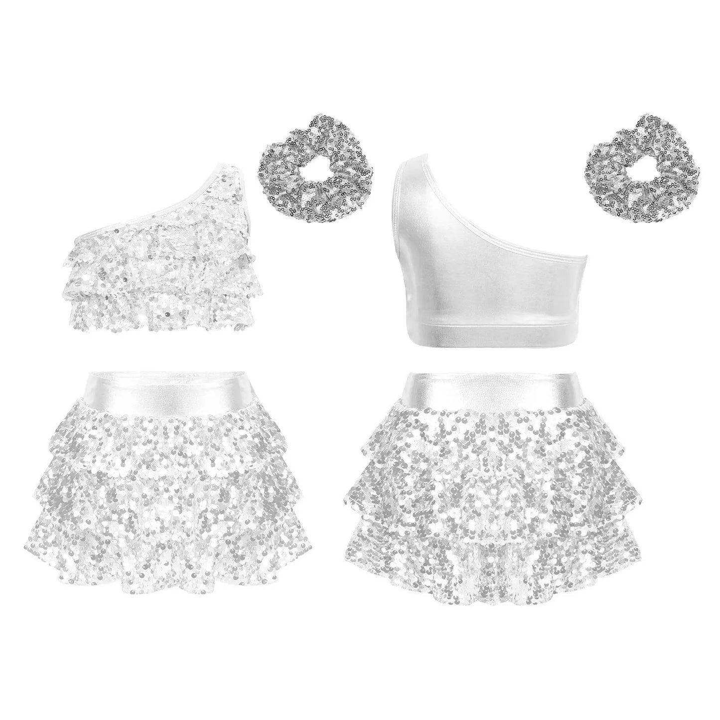 Kids Girls Shiny Sequined Modern Latin Jazz Dance Costume Outfits Single Shoulder Crop Top+Tiered Ruffle Skirted Shorts+Headwear