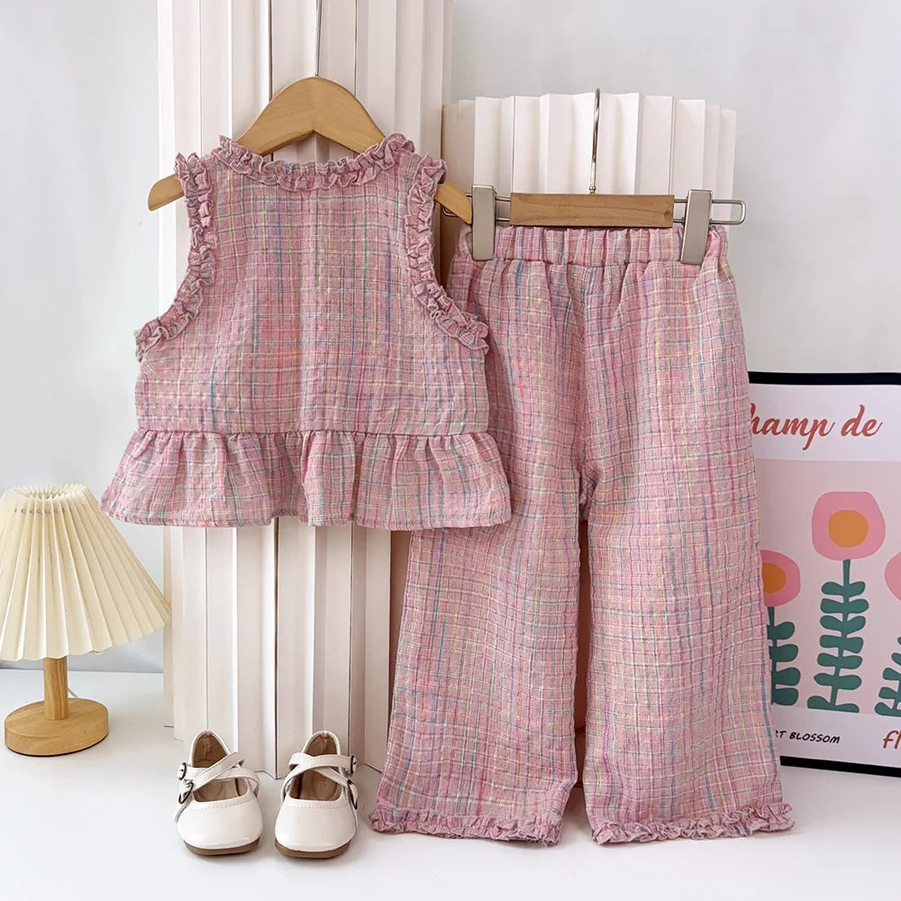 Pink Girl's Summer Two-piece Set with Single Breasted Sleeveless Top and Casual Pants, New Children's Sets Kids Clothes