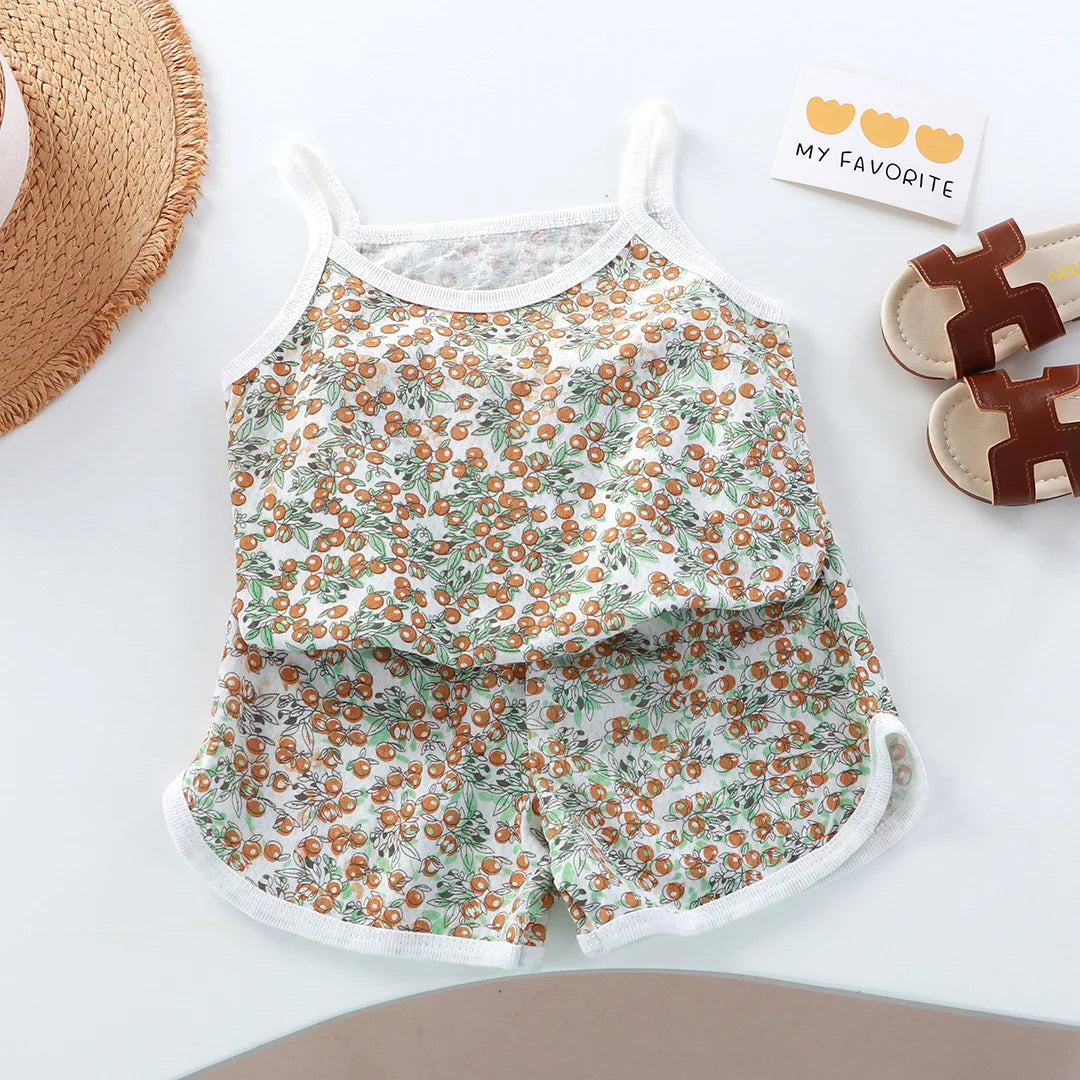 Girls Summer Clothes Sets New Baby Sleeveless Tops Shorts 2 Pieces Suit Girls Square Collar Clothing Set Kids Cotton Clothes