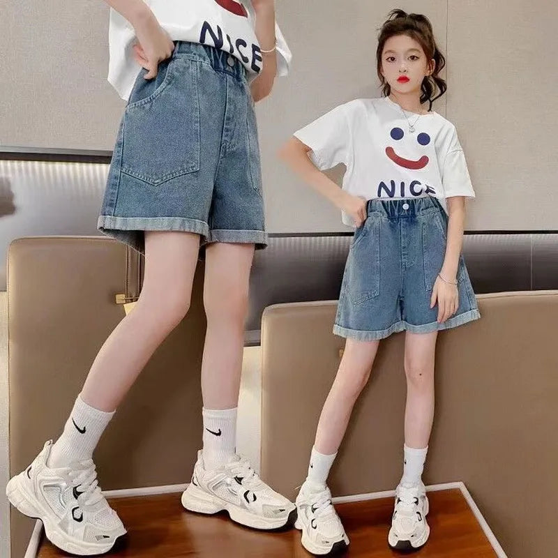 2025 Summer Teen Girls Denim Shorts Clothes New Arrival Kids Child Elastic Waist Fashion Pocket Design Shorts Age 5-14 Years Old
