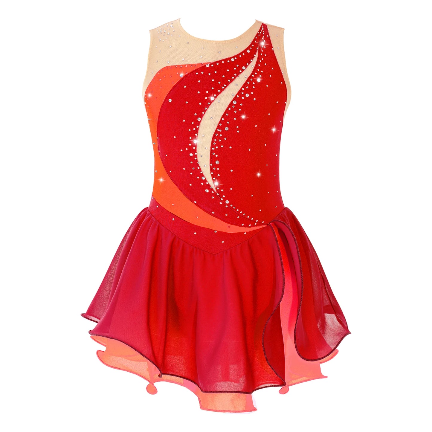 Girls Sleeveless Chiffon Figure Skating Dress Shiny Rhinestone Ballet Gymnastics Dance Leotard Performance Competition Costume