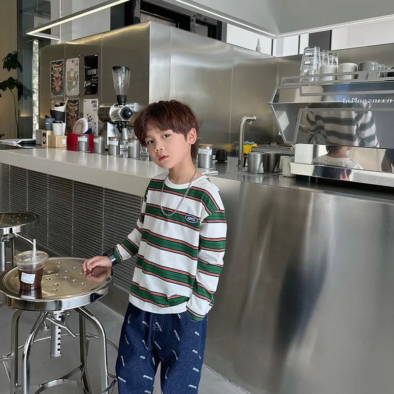 2025 autumn Children Clothes Girls Long Sleeves Bottoming Shirts Cool Boys Stripe Cotton T-shirt Teen Loose Casual 2-7y Kids Top