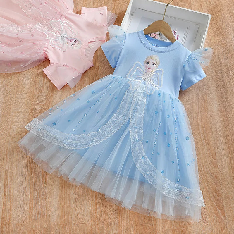 Disney Girls Dress Short/Long  Sleeve Summer Princess Dresses Frozen Elsa Party Baby Dresses for Children Clothing Kids Clothes