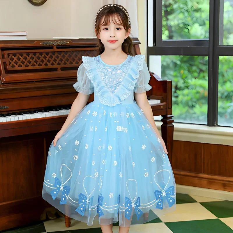 Teen Girls Mesh Dress Summer Princess Tulle Tutu Gown New Children Print Bow Short-sleeve Clothes Kids Birthday A-Line Dresses