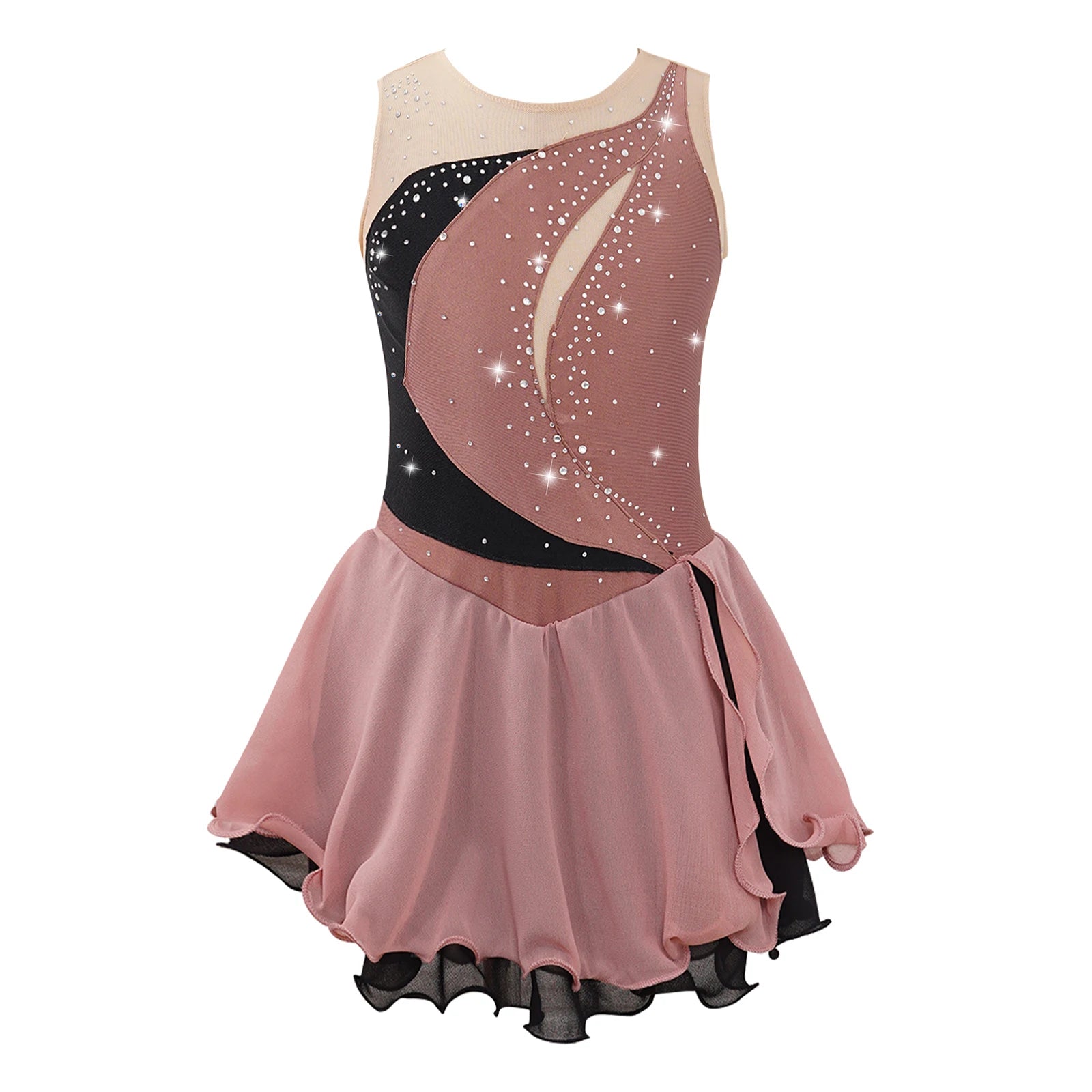 Girls Sleeveless Chiffon Figure Skating Dress Shiny Rhinestone Ballet Gymnastics Dance Leotard Performance Competition Costume