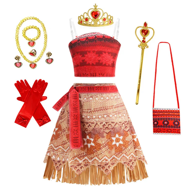 Girls Moana Princess Dress for Kids Carnival Cosplay Vaiana Costume Children Birthday Party Headwear Necklace Flower Clothes Set