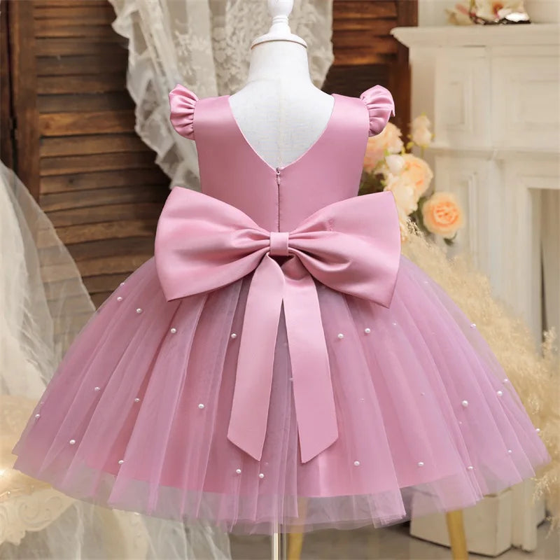 Toddler Girl Flower Birthday Tulle Dress Backless Bow Wedding Gown 1-8Y Kids Party Wear Princess Dress Baby Girl Bowknot Dresses