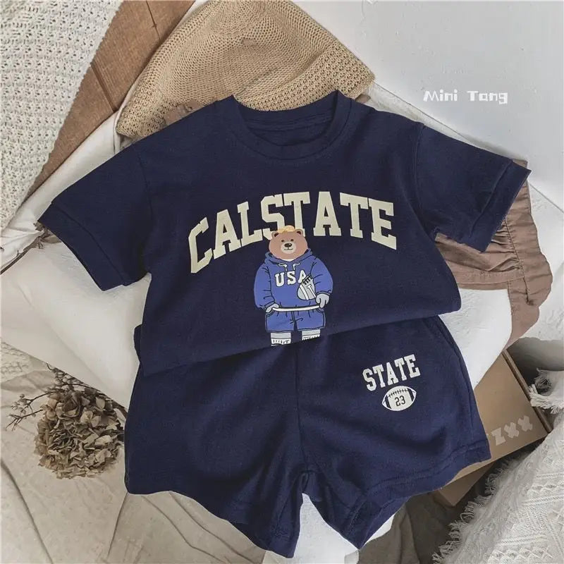 Summer Toddler Baby Girl Solid Cotton Clothes Short Sleeve Cartoon Bear Printed T-shirts and Shorts 2pcs Set Kid Boy Tracksuits