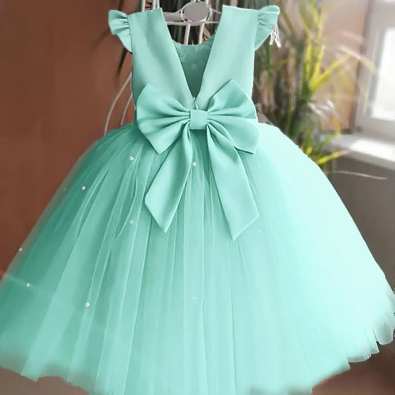 Toddler Girl Flower Birthday Tulle Dress Backless Bow Wedding Gown 1-8Y Kids Party Wear Princess Dress Baby Girl Bowknot Dresses