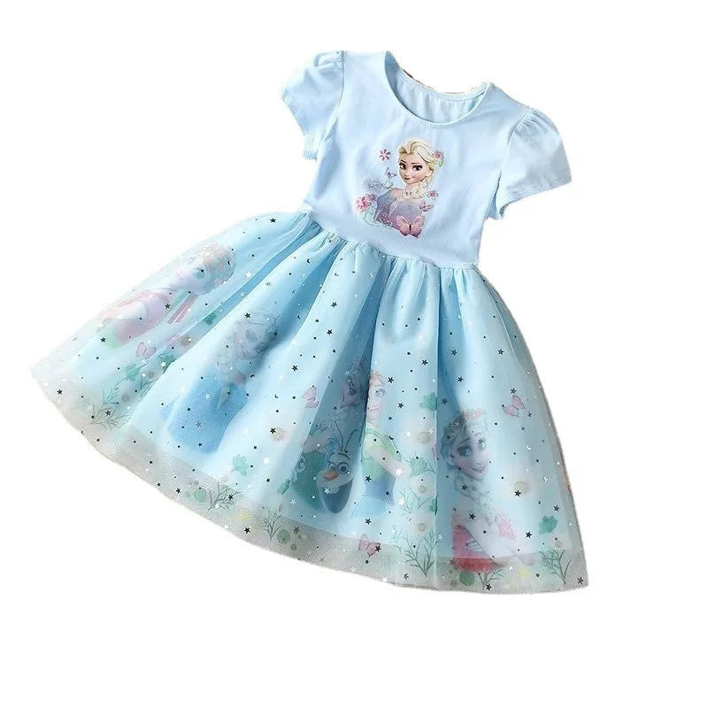 Girls Dress Cartoon Summer Frozen Fashion Children's Elsa Princess Baby Girl Toddler Short Sleeve Cute Party Dresses 3-9Y