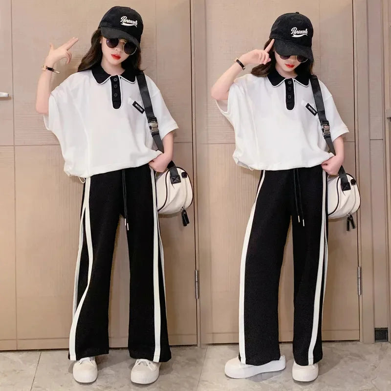 2025 summer autumn Girls clothes children set Kids loose t-shirt top and bottom striped wide leg pant 4 8 10 14 15 years teens