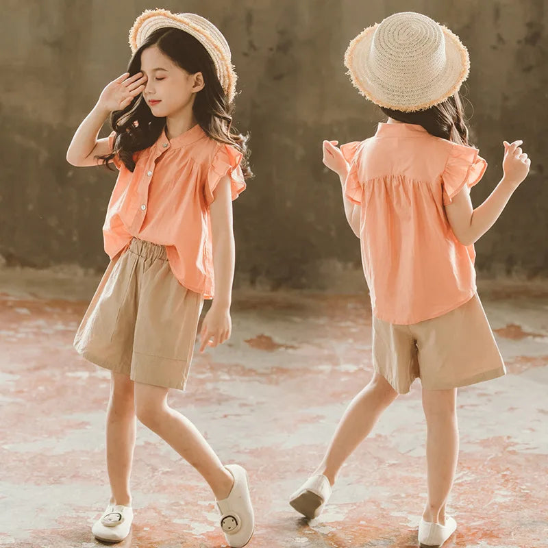 2025 new teenager Summer Kids Girls clothes Flying Sleeve blouse Shirt + short Leisure loose Pants teens 7 8 9 11 12 13 14 years