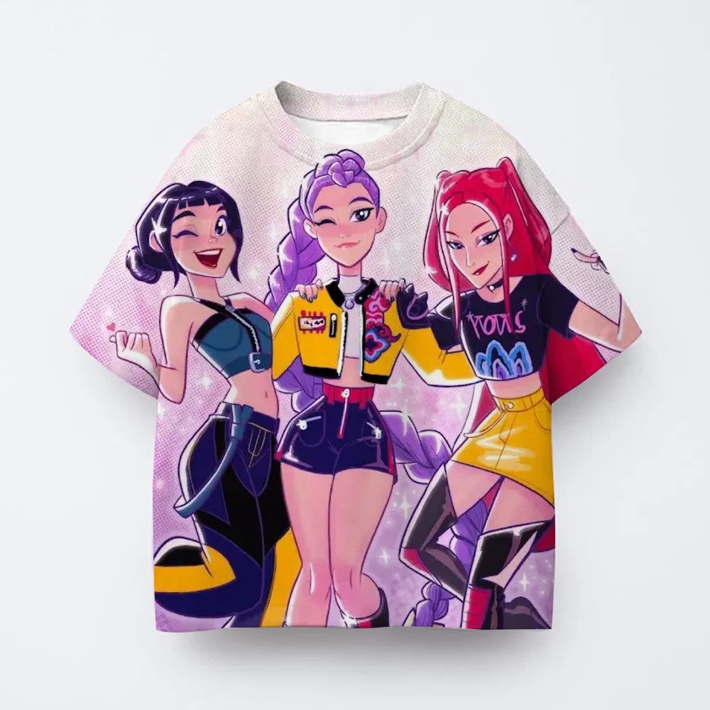 Toddler Girl Clothes Kpop Demon Hunters Cartoon Tee Shirt Funny Gift for Fans Harajuku Cool Kids T-shirts Cotton Summer Tops
