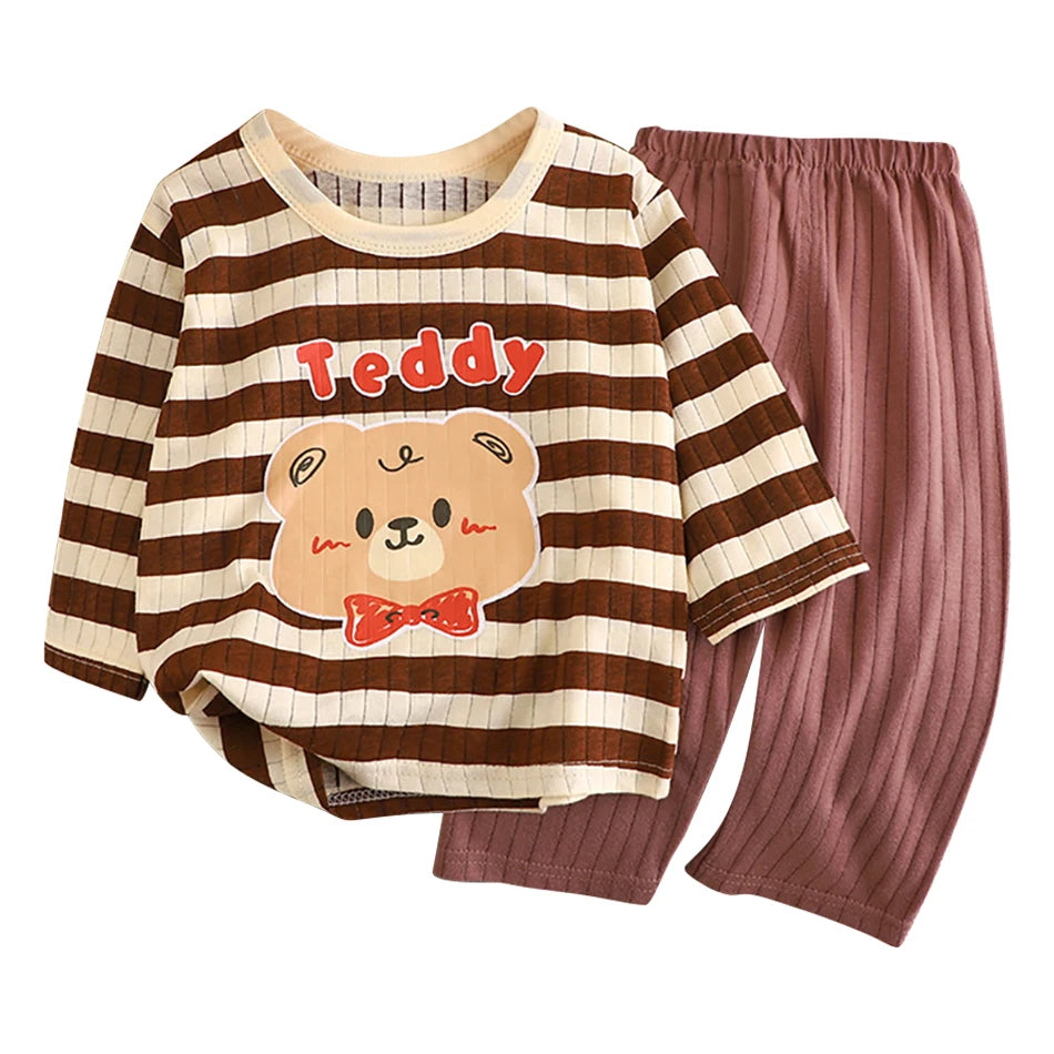 Summer Kids Cotton Long Sleeve and Pants Pajamas Set Soft Breathable Baby Sleepwear Cartoon Bear AC Room Wear Boys Girls Clothes
