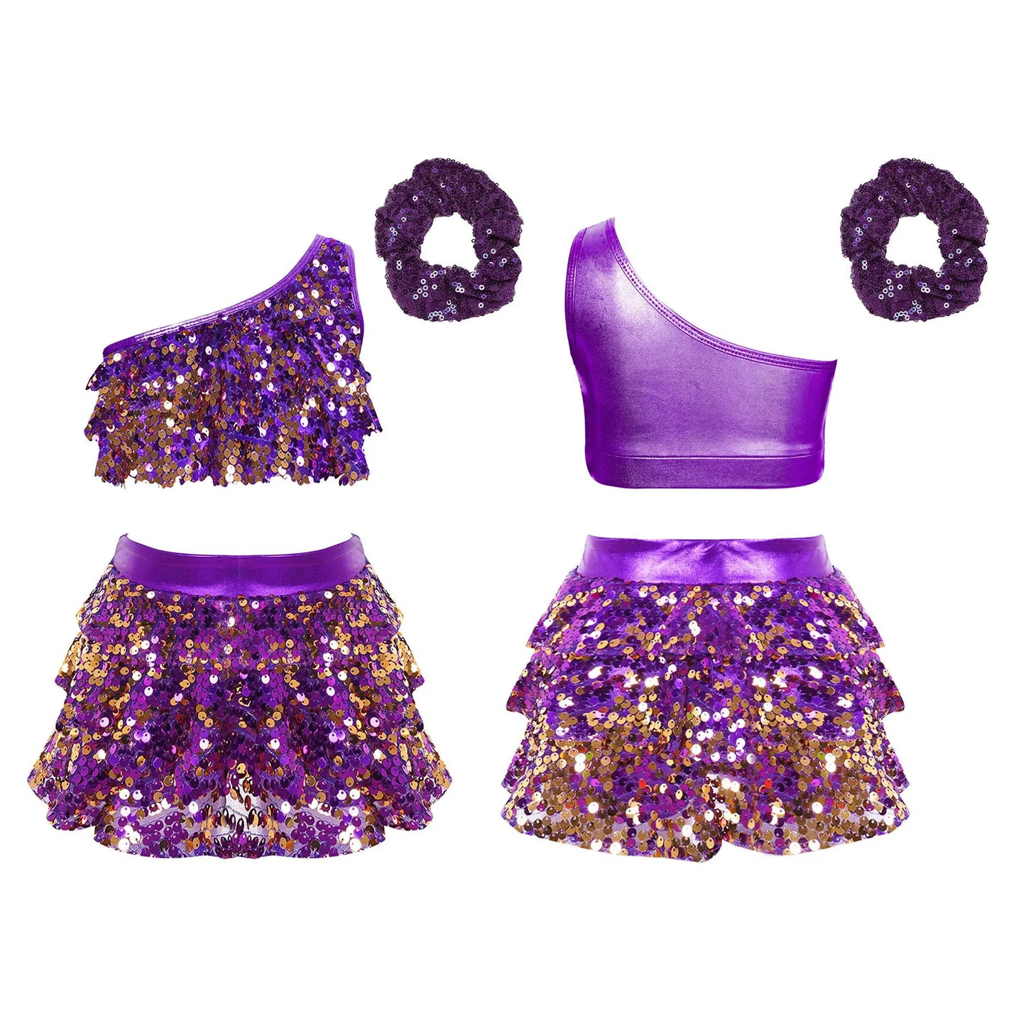 Kids Girls Shiny Sequined Modern Latin Jazz Dance Costume Outfits Single Shoulder Crop Top+Tiered Ruffle Skirted Shorts+Headwear
