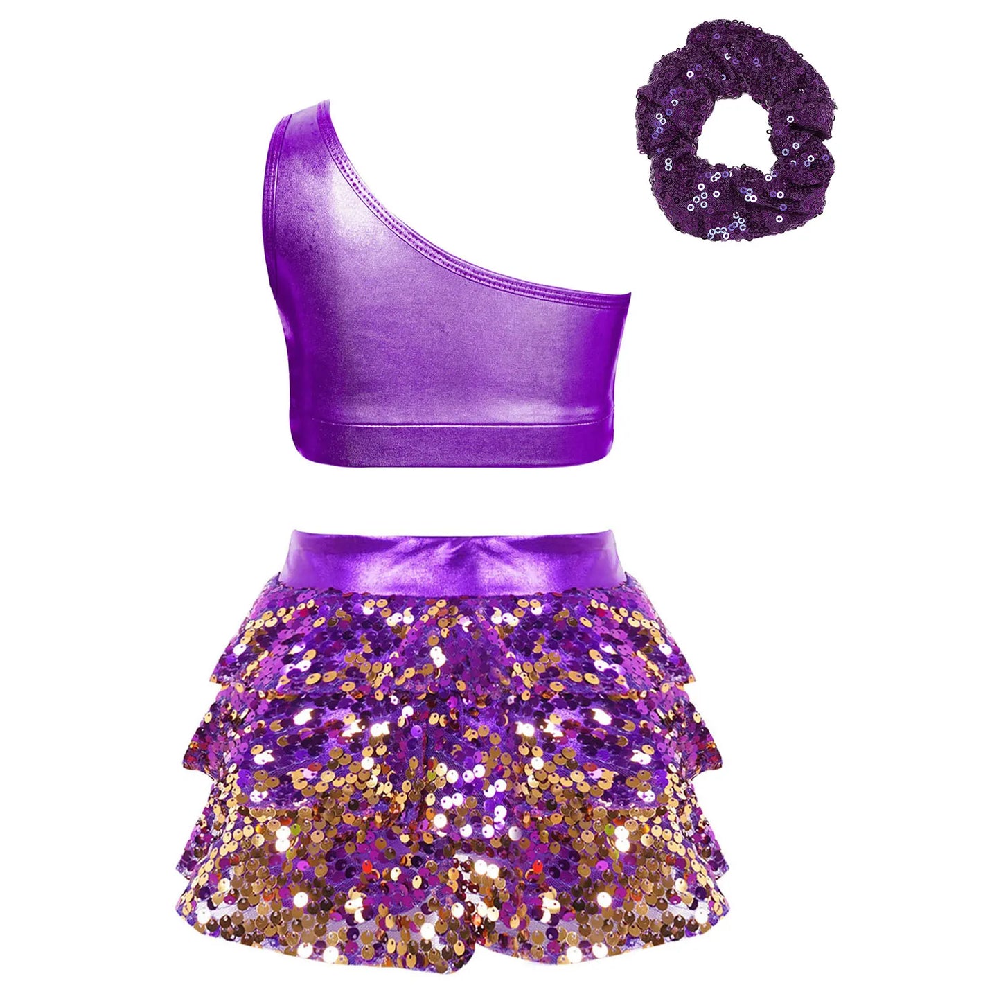 Kids Girls Shiny Sequined Modern Latin Jazz Dance Costume Outfits Single Shoulder Crop Top+Tiered Ruffle Skirted Shorts+Headwear