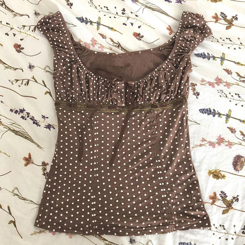 Polka Dot Milkmaid Baby Tees Coquette Vintage Cap Sleeve Crop Tops Teen Girl 2000s Retro Cute Suqare Collar T-shirt Y2k Clothes