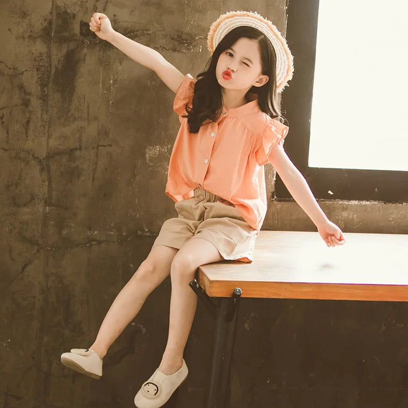 2025 new teenager Summer Kids Girls clothes Flying Sleeve blouse Shirt + short Leisure loose Pants teens 7 8 9 11 12 13 14 years