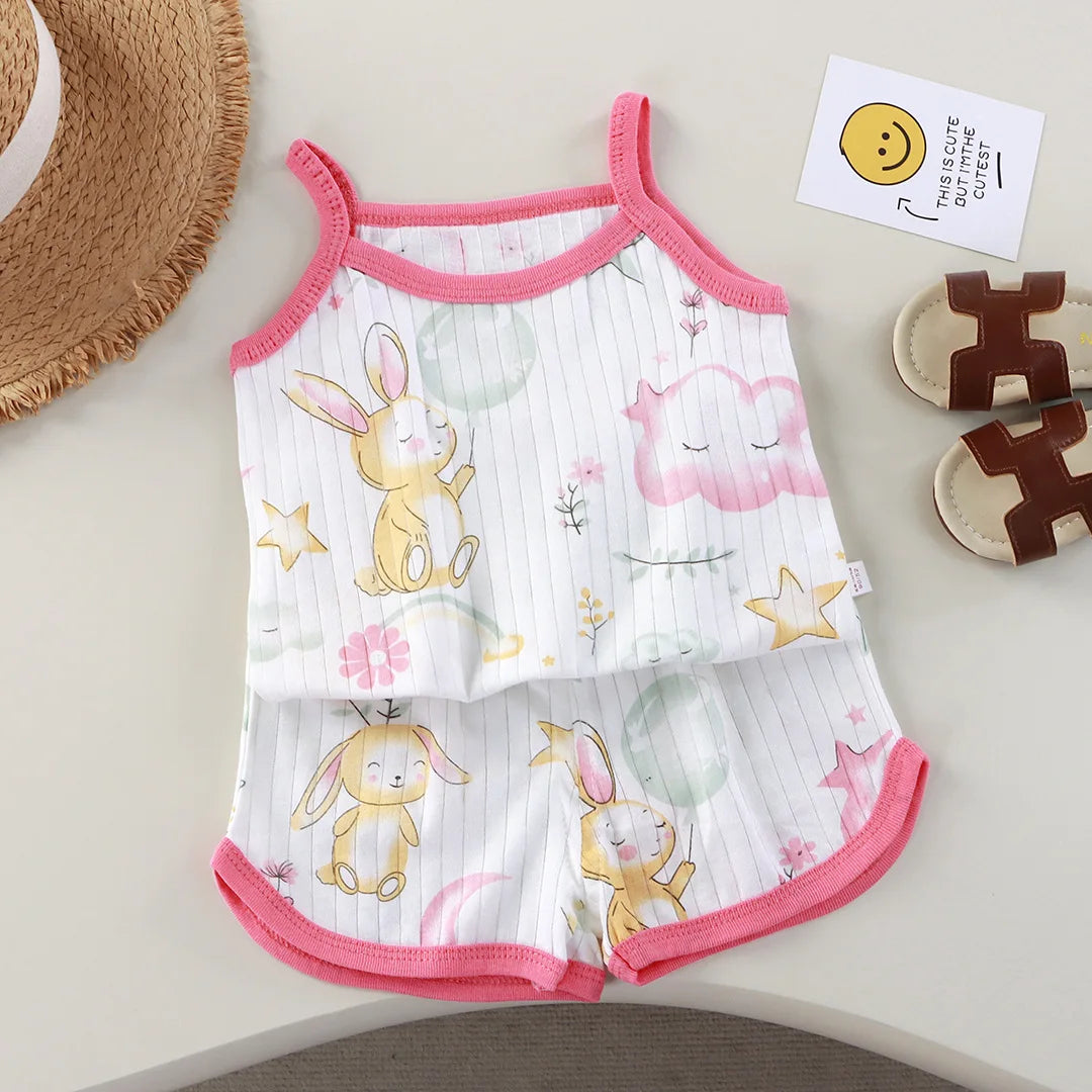 Girls Summer Clothes Sets New Baby Sleeveless Tops Shorts 2 Pieces Suit Girls Square Collar Clothing Set Kids Cotton Clothes