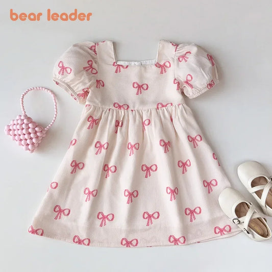 Bear Leader Summer Short Sleeved Girls Casual Dresses Pink Bow Print Square Neck Sweet Princess Dress Daily Simple Kids Clothes