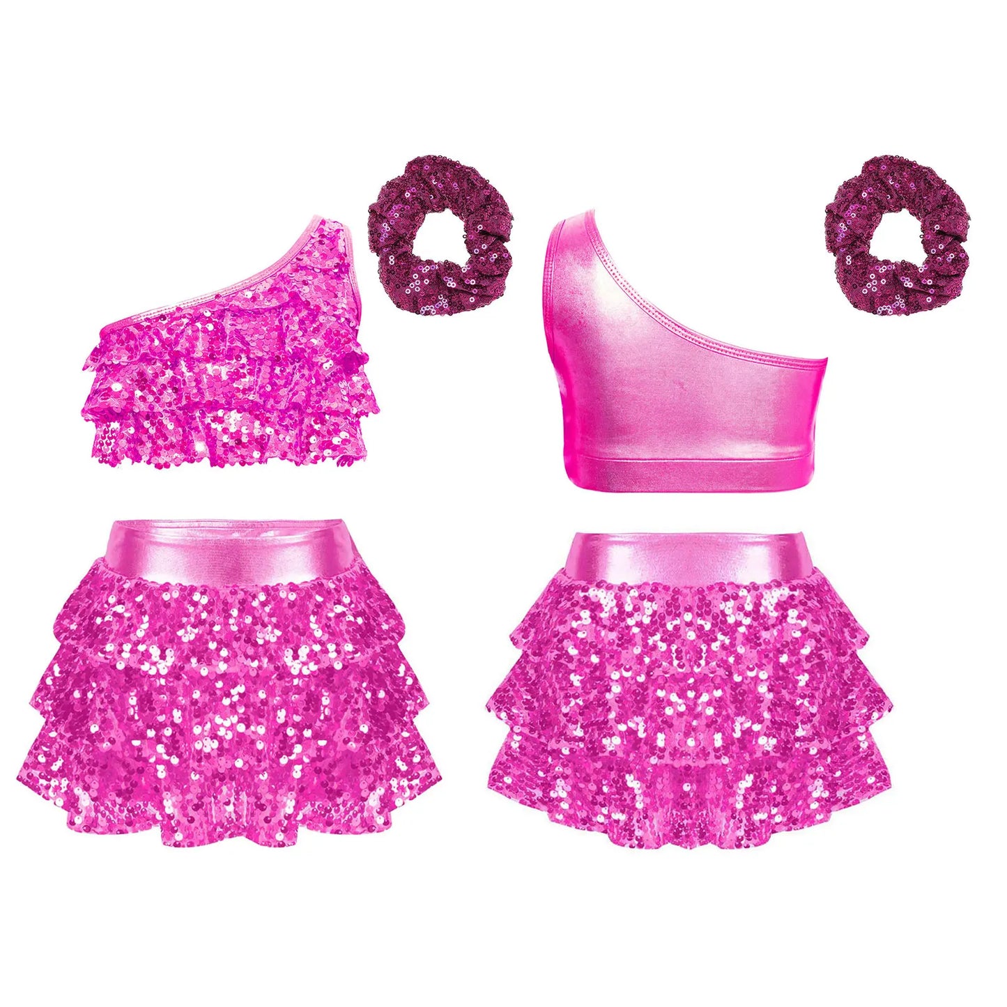 Kids Girls Shiny Sequined Modern Latin Jazz Dance Costume Outfits Single Shoulder Crop Top+Tiered Ruffle Skirted Shorts+Headwear