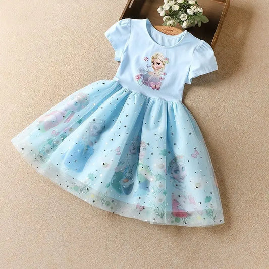 Girls Dress Cartoon Summer Frozen Fashion Children's Elsa Princess Baby Girl Toddler Short Sleeve Cute Party Dresses 3-9Y