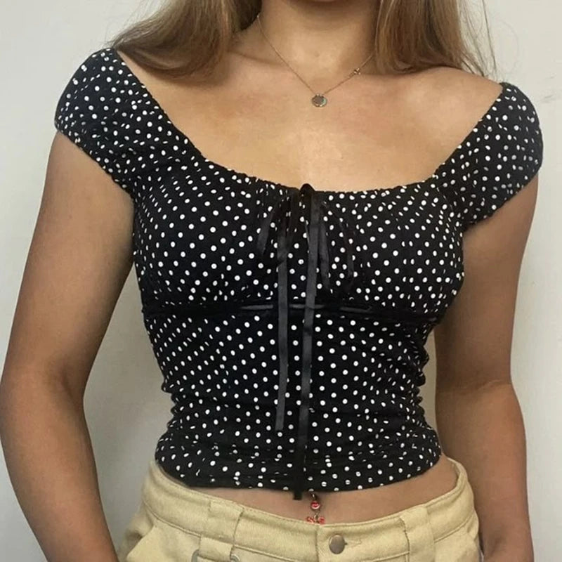 Polka Dot Milkmaid Baby Tees Coquette Vintage Cap Sleeve Crop Tops Teen Girl 2000s Retro Cute Suqare Collar T-shirt Y2k Clothes