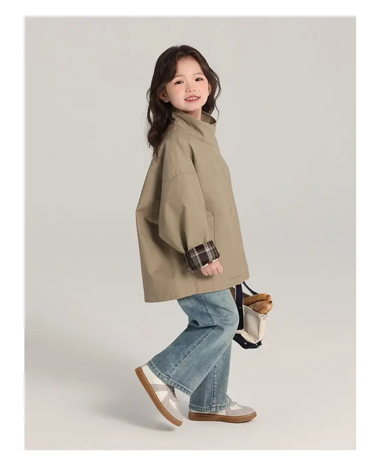 Kids Girls Cotton Teens Spring Autumn Windbreaker Coats Khaki Princess Oversize Coat Medium Long Outerwear Trench Clothes 1-12Y