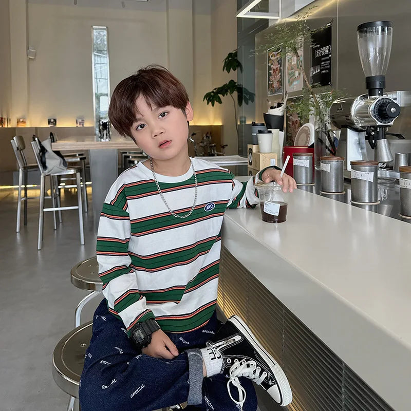 2025 autumn Children Clothes Girls Long Sleeves Bottoming Shirts Cool Boys Stripe Cotton T-shirt Teen Loose Casual 2-7y Kids Top