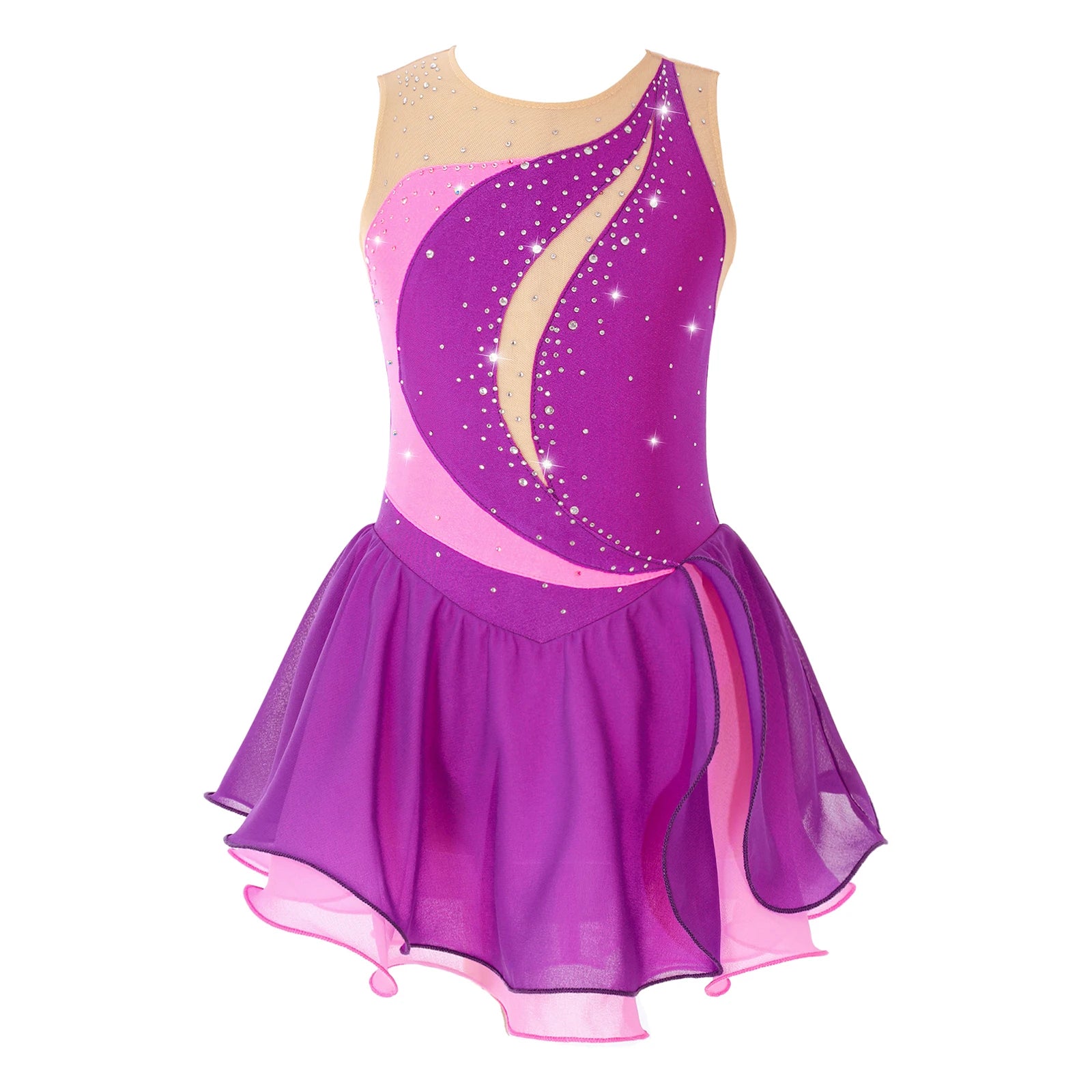Girls Sleeveless Chiffon Figure Skating Dress Shiny Rhinestone Ballet Gymnastics Dance Leotard Performance Competition Costume
