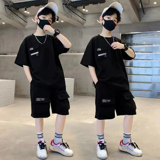 New Boys Sport Clothing Sets Summer Big Kids Loose Clothes Suit Short Sleeve Tops+Shorts 2Pcs Children Fashion Handsome Outfits