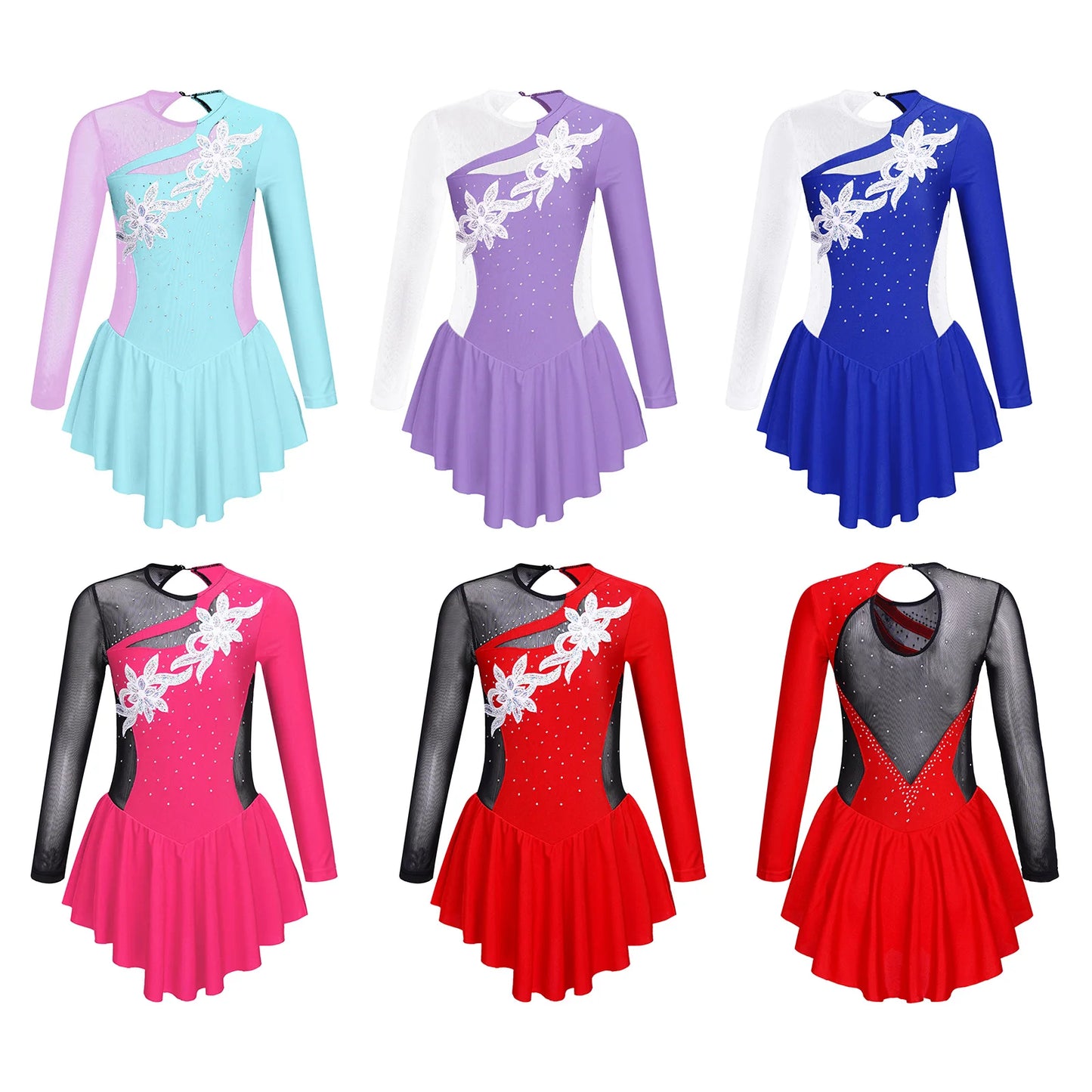 Kids Girls Ballet Tutu Dress Gymnastics Leotard Dance Wear Long Sleeve Rhinestone Figure Skating Costume Ballerina Party Dresses