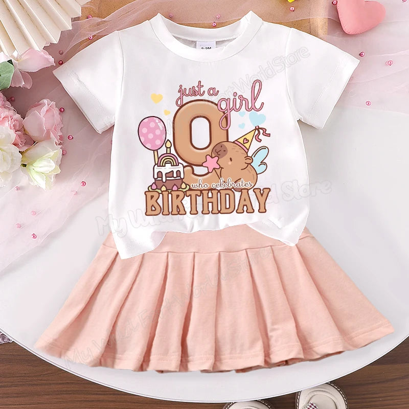 Capybara Birthday Girl Clothes Set Pleated Skirt Number T Shirt 2pcs Toddler Short Sleeve Tee Outfits Kids Clothing Dress Suit