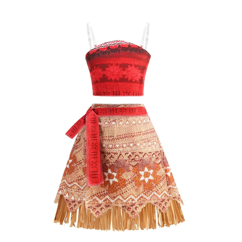 Girls Moana Princess Dress for Kids Carnival Cosplay Vaiana Costume Children Birthday Party Headwear Necklace Flower Clothes Set