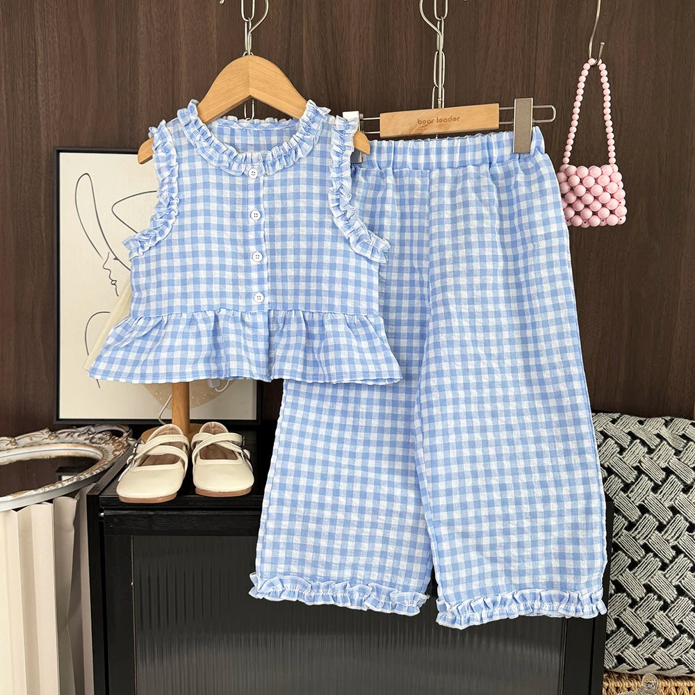 Pink Girl's Summer Two-piece Set with Single Breasted Sleeveless Top and Casual Pants, New Children's Sets Kids Clothes
