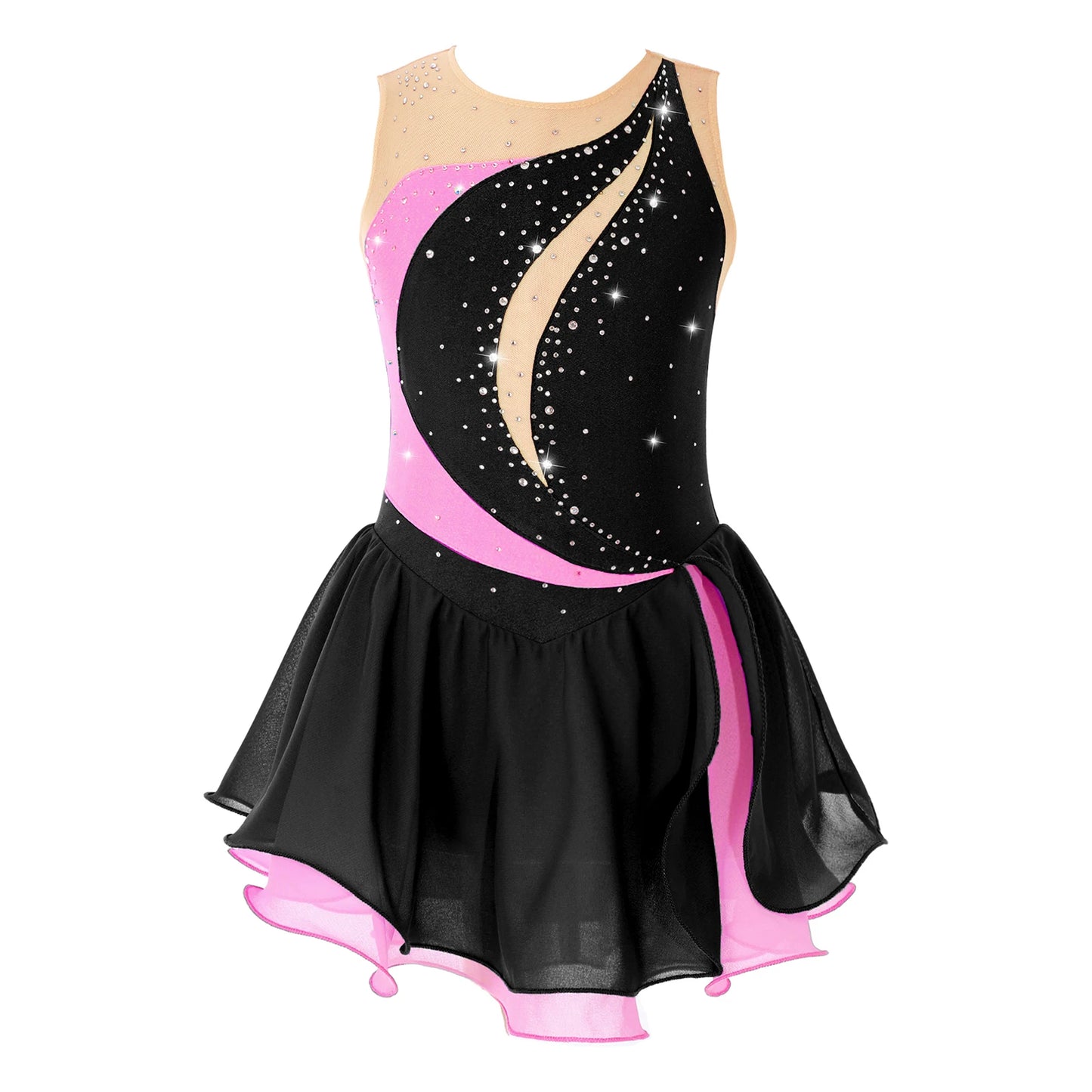 Girls Sleeveless Chiffon Figure Skating Dress Shiny Rhinestone Ballet Gymnastics Dance Leotard Performance Competition Costume