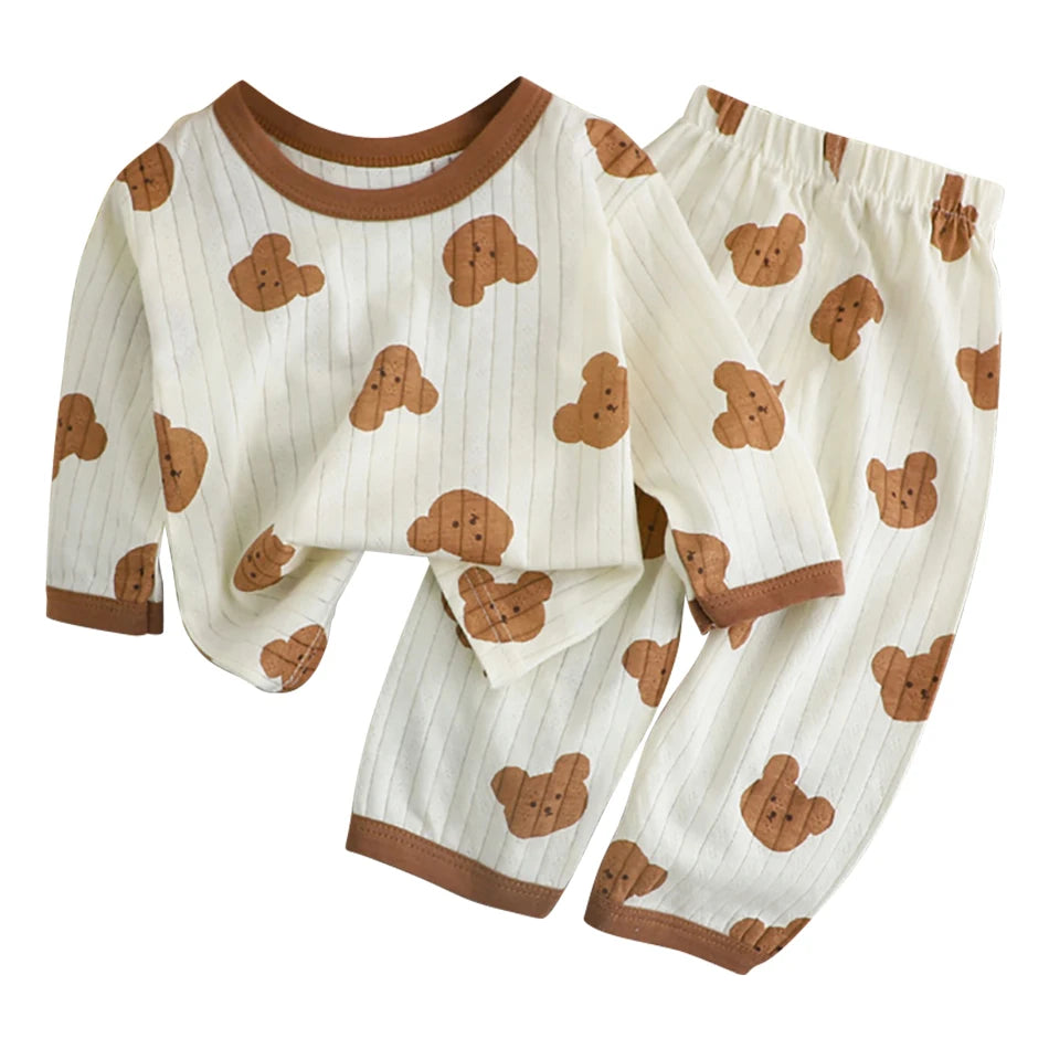 Summer Kids Cotton Long Sleeve and Pants Pajamas Set Soft Breathable Baby Sleepwear Cartoon Bear AC Room Wear Boys Girls Clothes