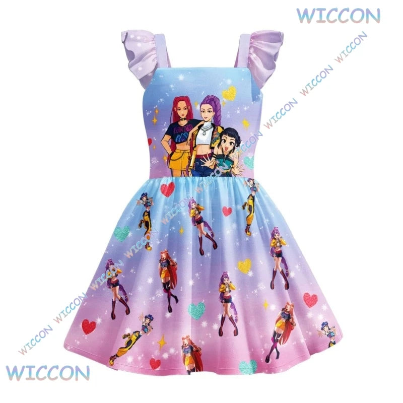 [MAGCOS]KPop Demon Hunters Clothes Kids New Summer Short Sleeve Dress Toddler Girls Casual Dresses Children Cartoon Nightgowns S