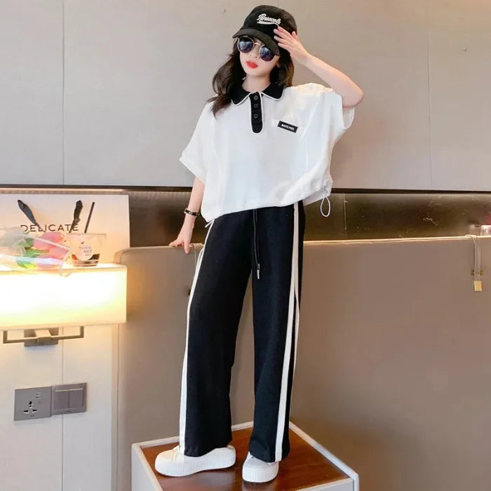 2025 summer autumn Girls clothes children set Kids loose t-shirt top and bottom striped wide leg pant 4 8 10 14 15 years teens