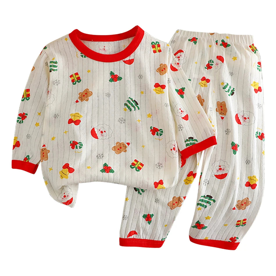 Summer Kids Cotton Long Sleeve and Pants Pajamas Set Soft Breathable Baby Sleepwear Cartoon Bear AC Room Wear Boys Girls Clothes