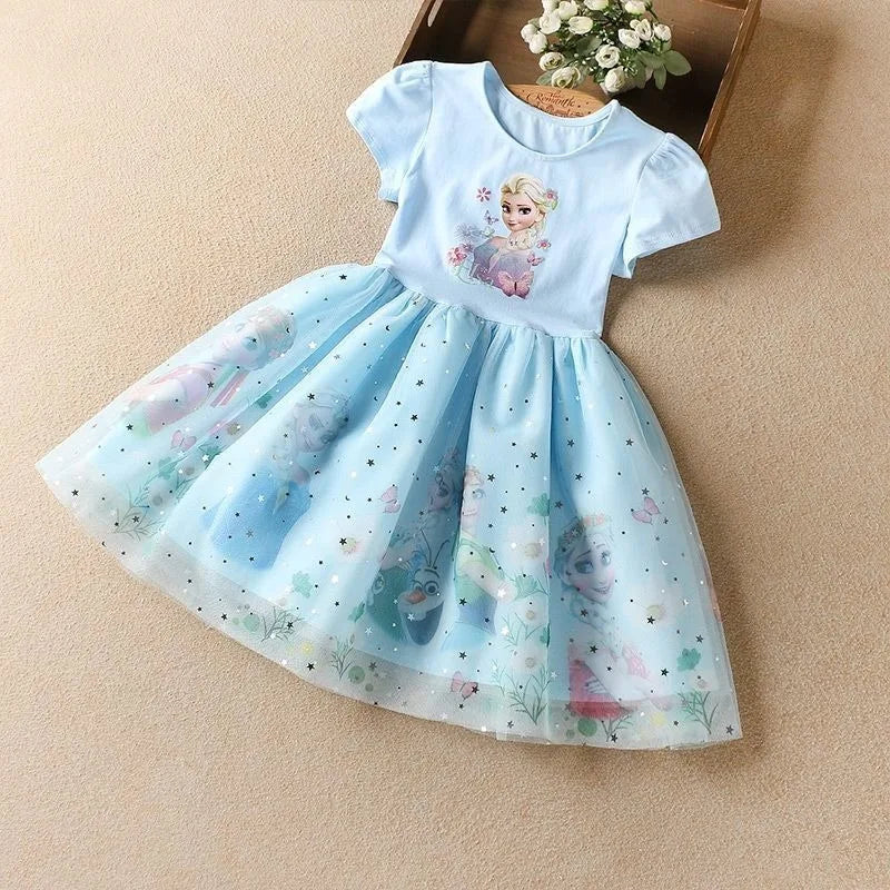 Girls Dress Cartoon Summer Frozen Fashion Children's Elsa Princess Baby Girl Toddler Short Sleeve Cute Party Dresses 3-9Y