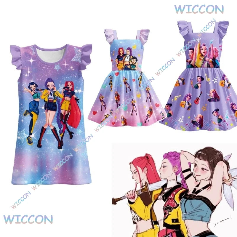 [MAGCOS]KPop Demon Hunters Clothes Kids New Summer Short Sleeve Dress Toddler Girls Casual Dresses Children Cartoon Nightgowns S